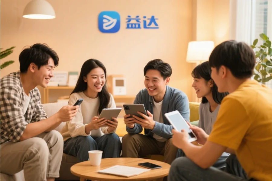 一群年轻用户围坐在一起，使用平板和手机愉快地交流，背景温馨现代，象征双赢2应用的社区活跃氛围